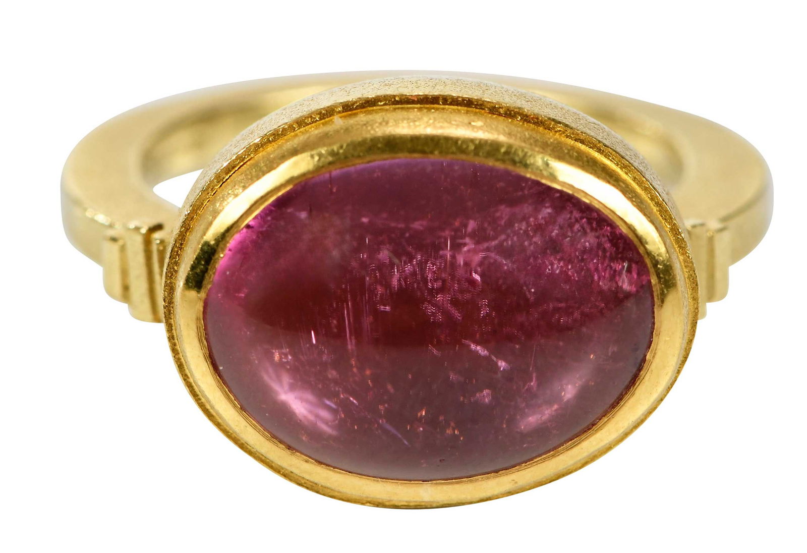 18kt. Pink Tourmaline Ring: one oval cabochon pink tourmaline, 10x13mm, stamped '18kt, SUPB', textured finish, ring sz. 6-1/2, 10.3 g Provenance: The Collection of Clare and Jared Edwards, West Hartford, Connecticut Note: Brunk