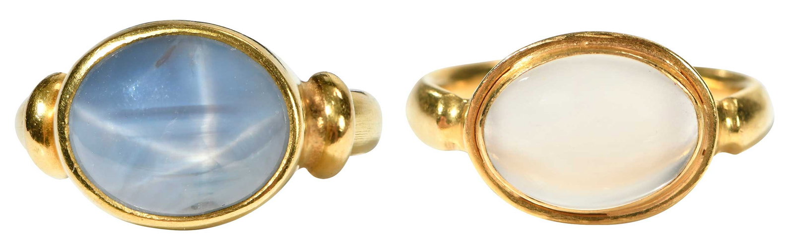 Two 22kt. Gemstone Rings, Star Sapphire and Moonstone: one oval cabochon, light grayish/blue star sapphire, 12.0 x 9.0mm, bezel set, maker's mark hand engraved, tested 22kt. yellow gold, ring sz. 5-1/2, 8.9 g; one oval cabochon moonstone, 13.0 x 10.0mm, b