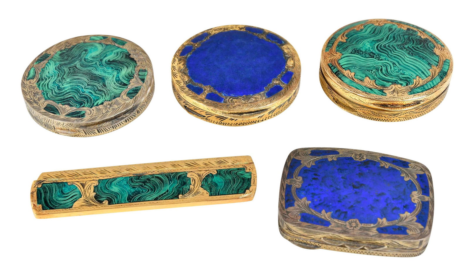 Four Vermeil and Enamel Compacts and Comb: probably Italian, 20th century, tow round and one rectangular compact and one comb, all with engraved gilt silver with blue and green enamel decoration, most marked '800', 2-3/4 in. to 4-1/4 in. Prove