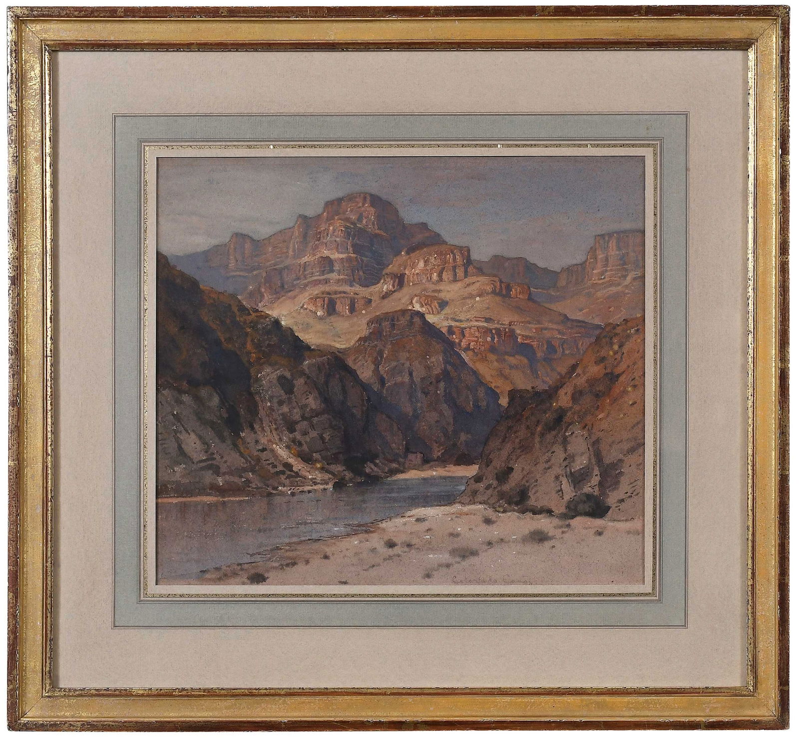 Samuel Colman: (New York/California/Maine, 1832-1920) Colorado Canyon, titled in pencil lower right 'Colorado Canon', also signed and titled on old label backing board verso, watercolor on buff paper, 13 x 14-3/4 in