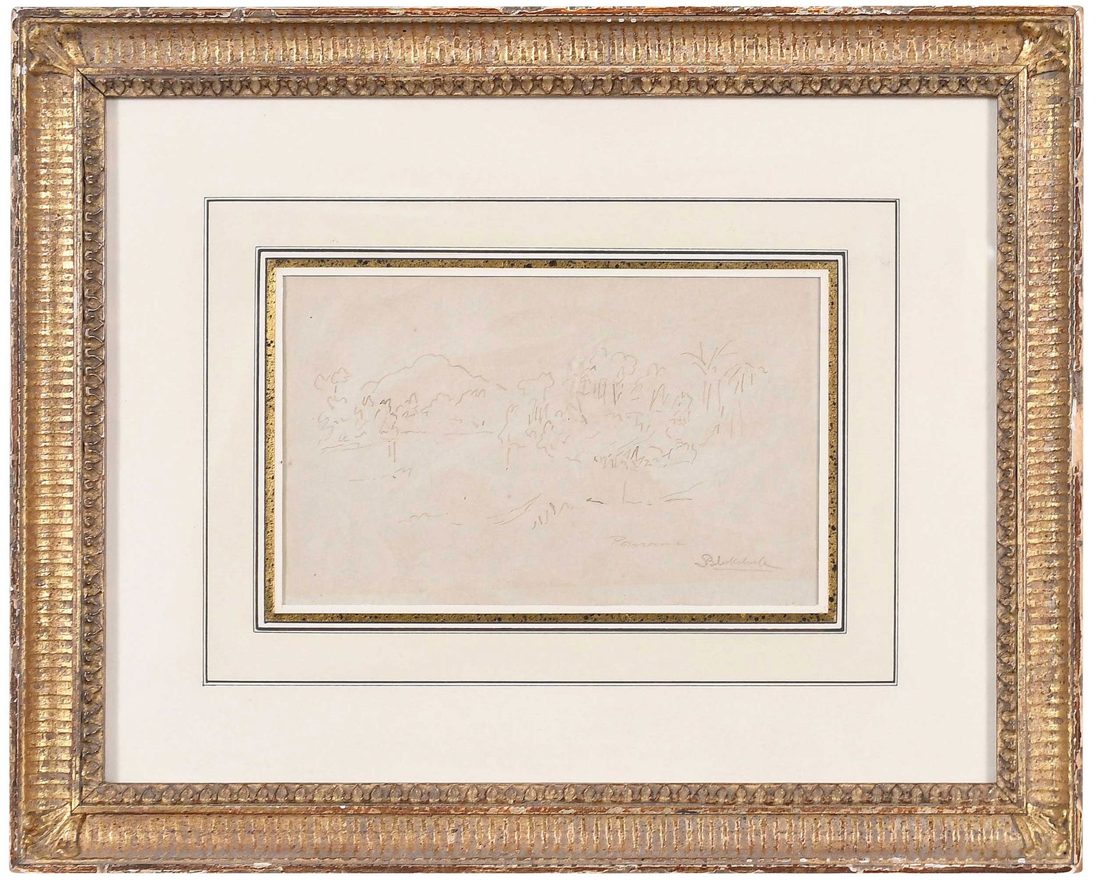 Ralph Albert Blakelock: (American, 1847-1919) Panama, signed lower right 'Blakelock', ink on paper, 4-1/4 x 7 in.; gilt wood frame, 11 x 13-3/4 in. Provenance: Douglas Collins circa 1970 (presumably, label verso); Vose Galle