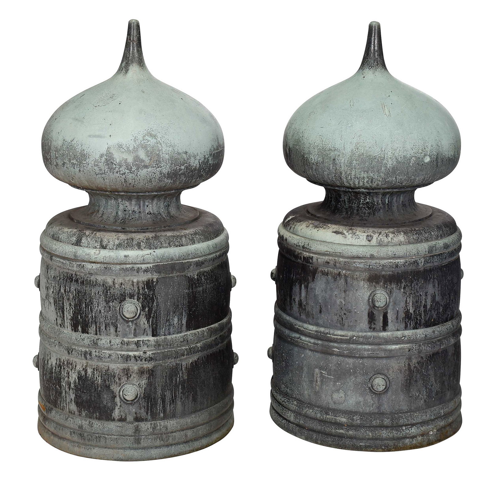 Pair Monumental Japanese Bronze Giboshi: 19th/20th century, the traditional bulbous finial form, 42-1/2 x 21 in. Provenance: The Collection of Clare and Jared Edwards, West Hartford, Connecticut