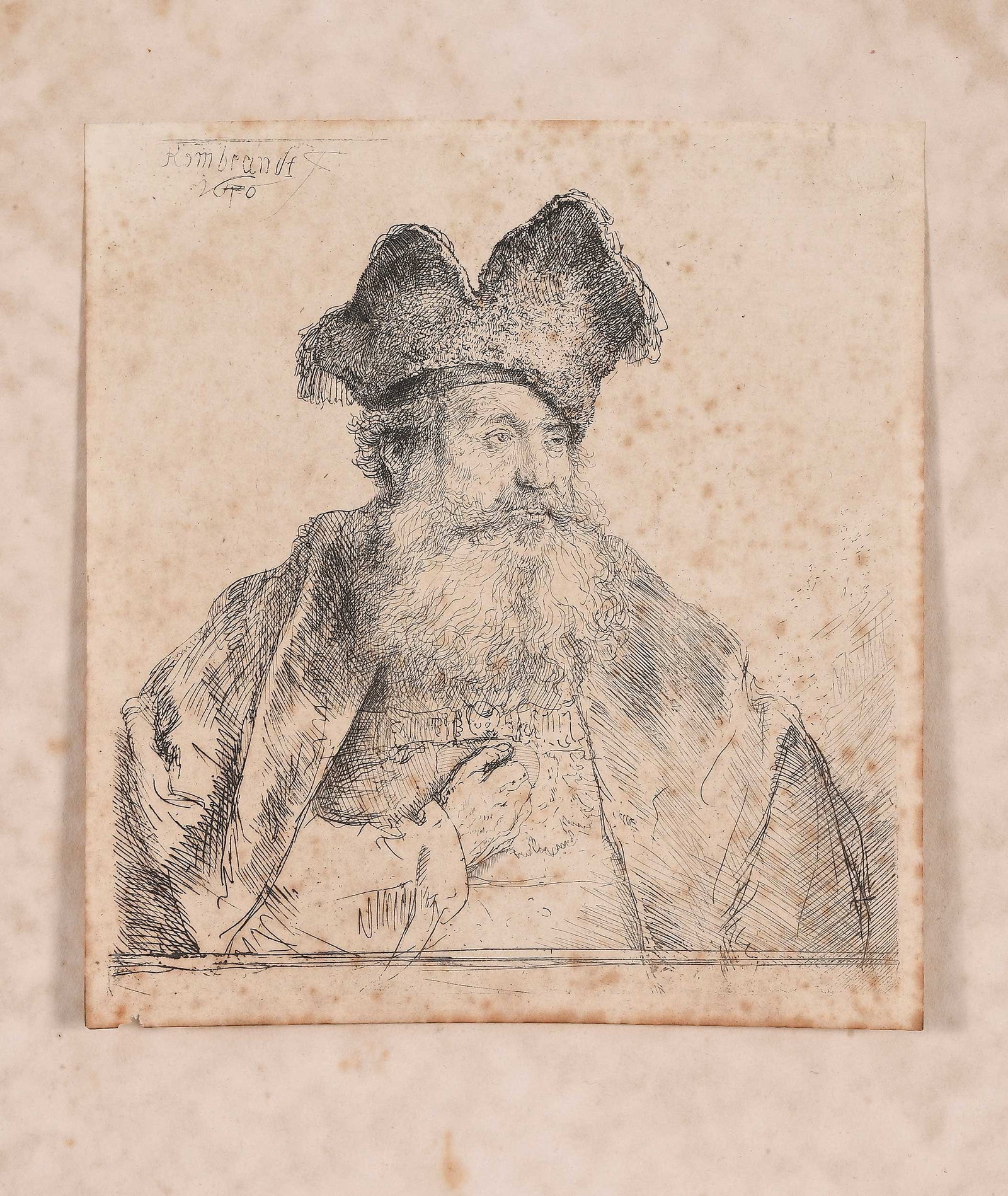 Rembrandt van Rijn: (Dutch, 1606-1669) Old Man with a Divided Fur Cap (B, 265, H. 170); signed in plate upper left Rembrandt/1640', etching on laid paper with Strasbourg Lily variation watermark, with shield under crown 
