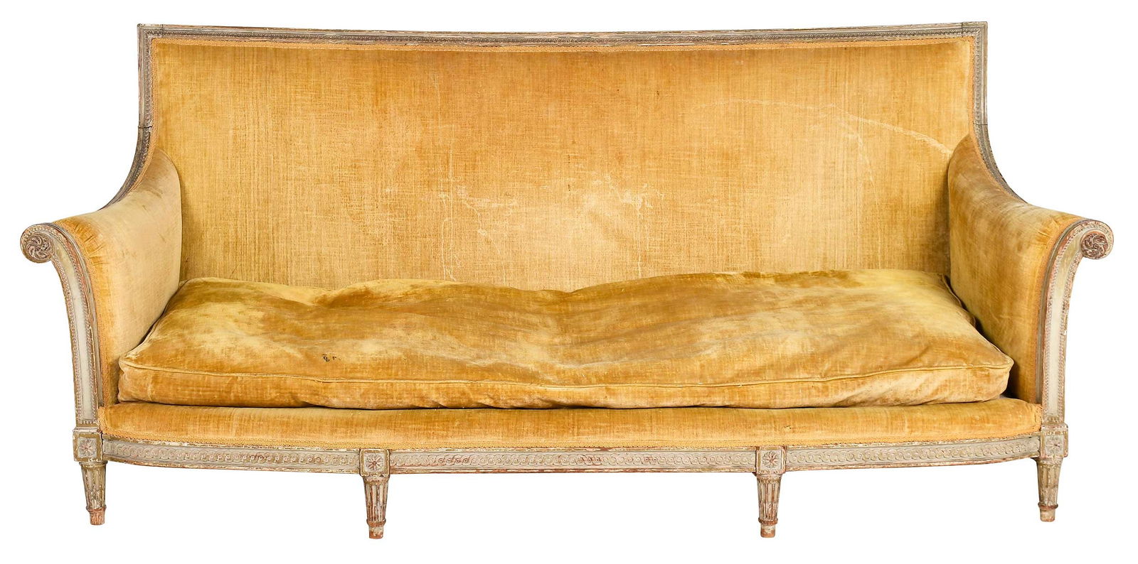 Louis XVI Style Settee: French, late 19th century, carved frame with egg and dart decoration, fluted legs, velvet upholstery with loose down cushion, fully upholstered arms back, 39 x 88 x 28 in. Provenance: Newport, Rhode I