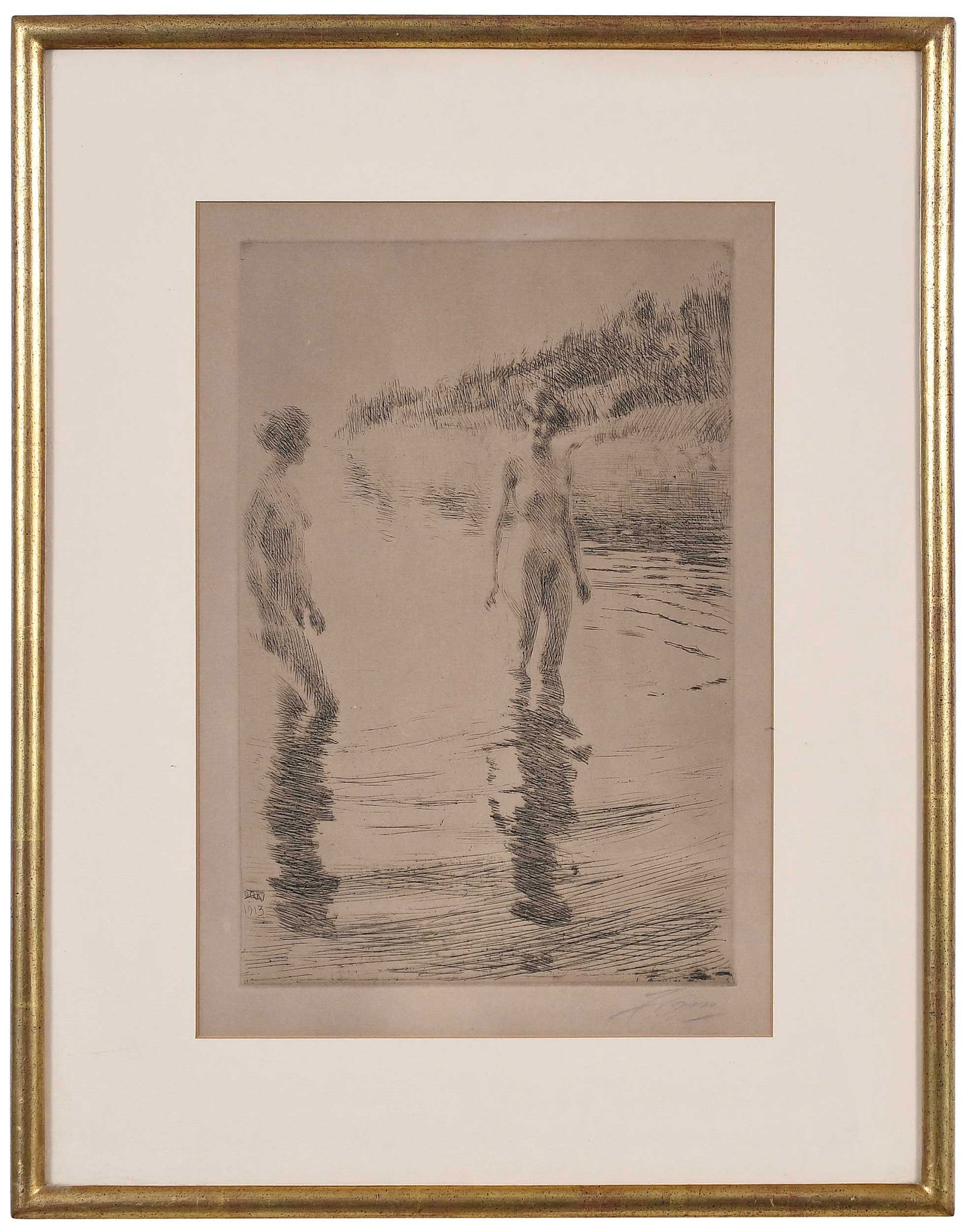 Anders Zorn, Shallow: (Swedish, 1860-1920)Two Nudes, 1913, signed lower right 'A Zorn', etching on laid paper, 11-3/4 x 7-3/4 in.; original gilt wood frame, 18-3/4 x 14-5/8 x 7/8 in. Provenance: Frederick Keppel & Co., New