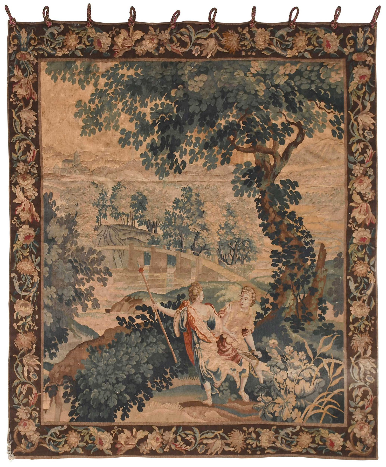 Verdure Tapestry: Continental, 19th century, scene of two Neoclassical figures with dog amidst a park setting, bridge, lake and manor in background, wool, applied suspension cords, 5 ft. 2 in. x 4 ft. 6 in.; velvet cov