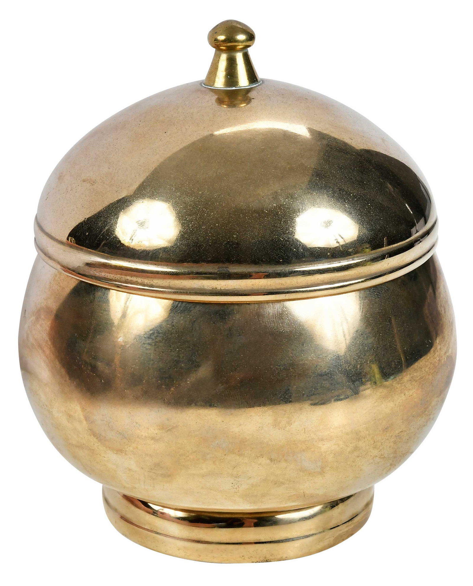 Korean Brass Covered Jar: possibly 19th century, hand hammered body and lid, impressive sonority when struck, 5-1/2 x 6-1/4 in. Provenance: Collection of Constance R. and Thomas D. Williams, Litchfield, Connecticut; The Collec