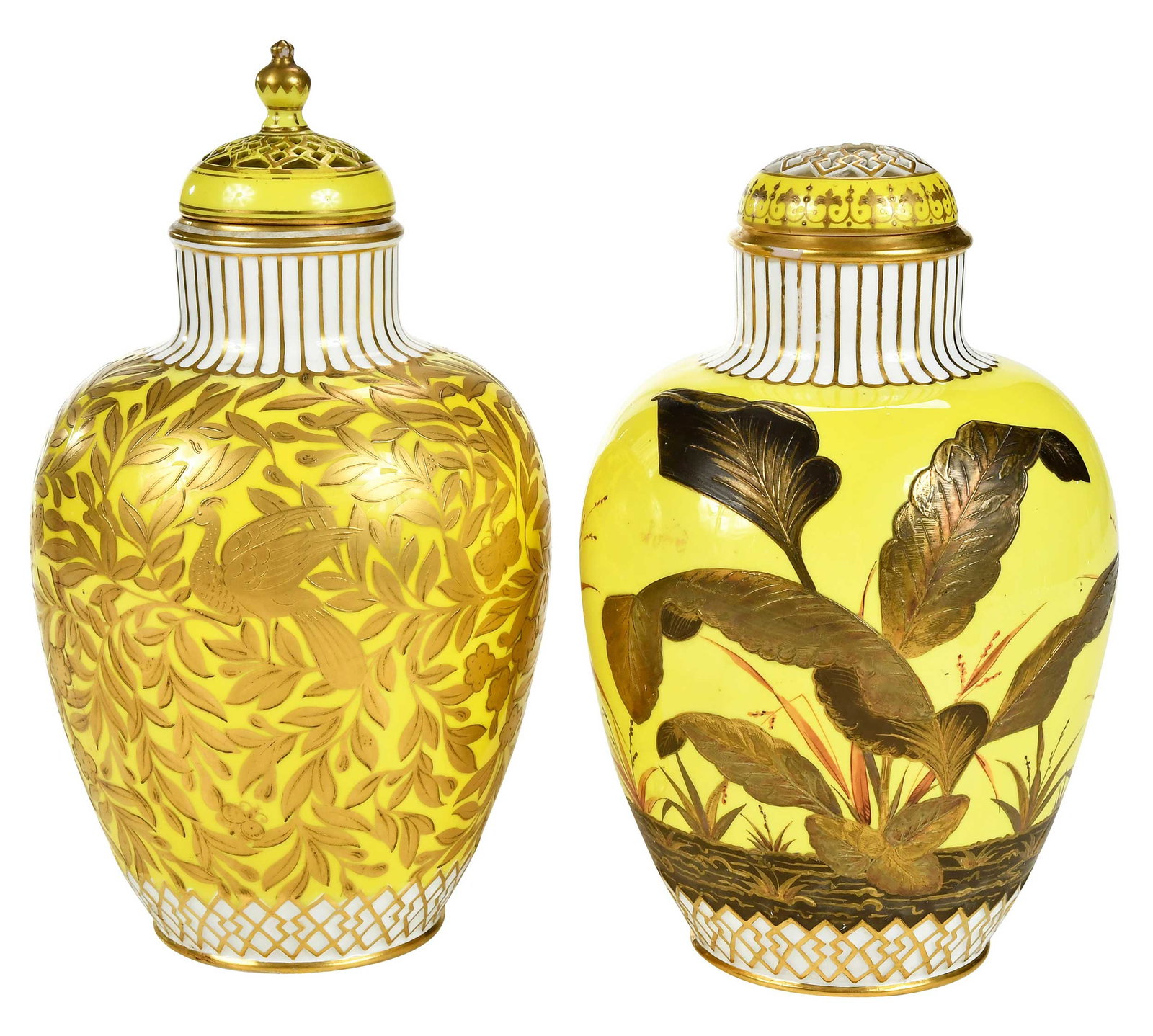 Two Royal Crown Derby Yellow Porcelain Lidded Vases: British, late 19th/early 20th century, each with gilt foliate decoration over yellow ground, the lids with openwork, larger 11 x 6-1/8 in. Provenance: The Collection of Clare and Jared Edwards, West H