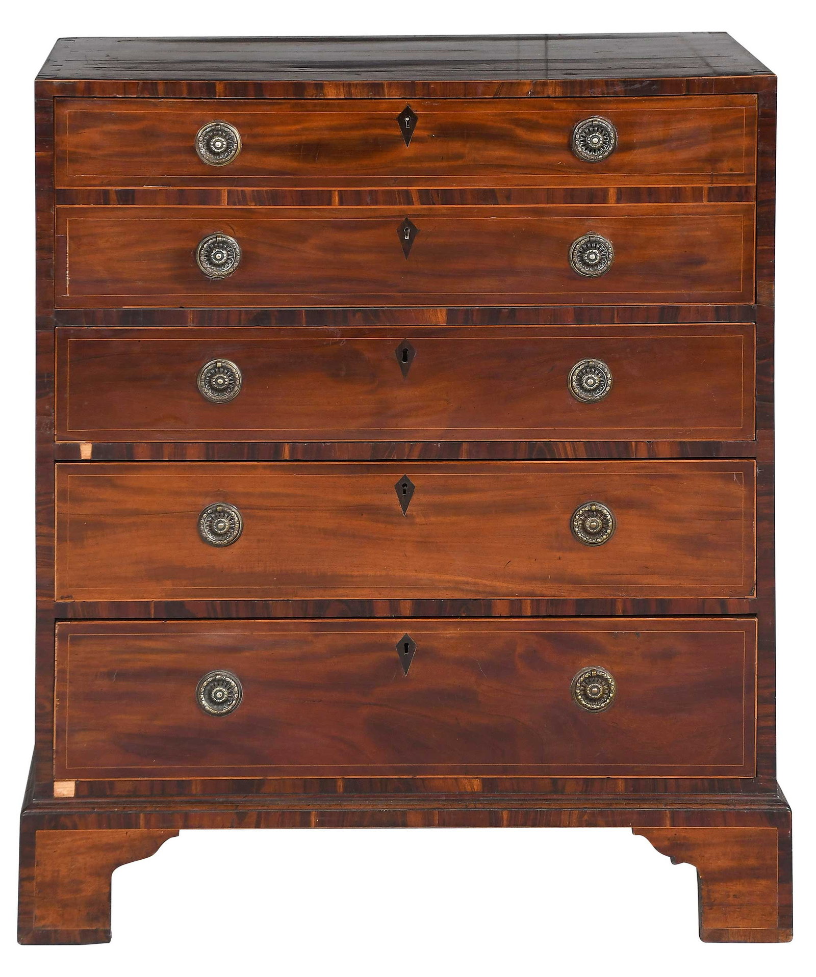 George III Figured Mahogany and Rosewood Banded Butler's Desk: British, late 18th/early 19th century, fall front with fitted interior with three inlaid drawers and leather lined writing surface over three long drawers, rosewood banding and escutcheons, dovetailed