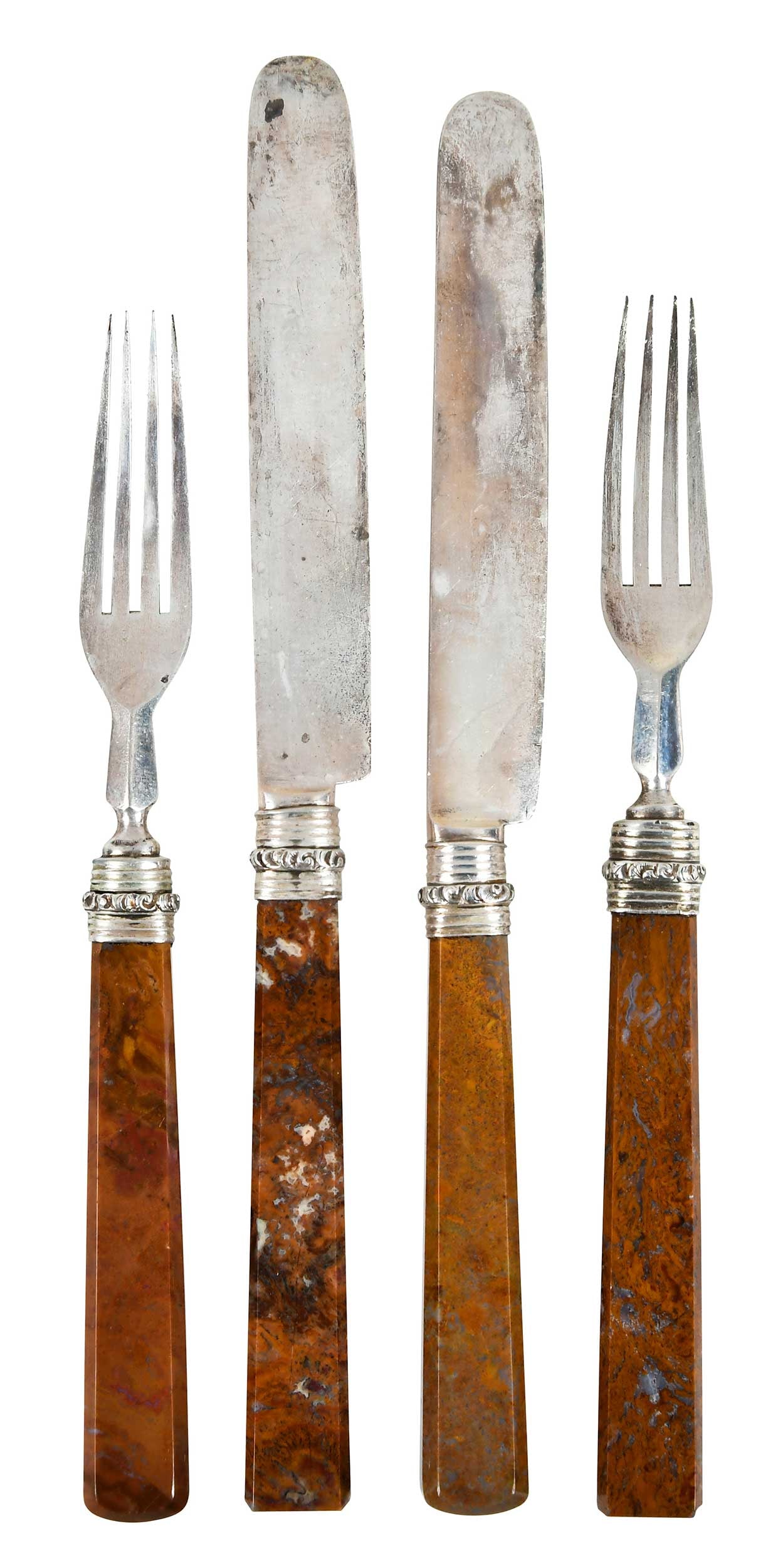 English Silver Fork and Knife with Granite Handles, 16 Pieces: Birmingham, 1835, blades and tines with marks for Thomas Freeman, all with brown granite handles, including eight 7 in. forks and six 8-1/4 in. knives; with associated case, 'Ball, Black & Co.' Proven