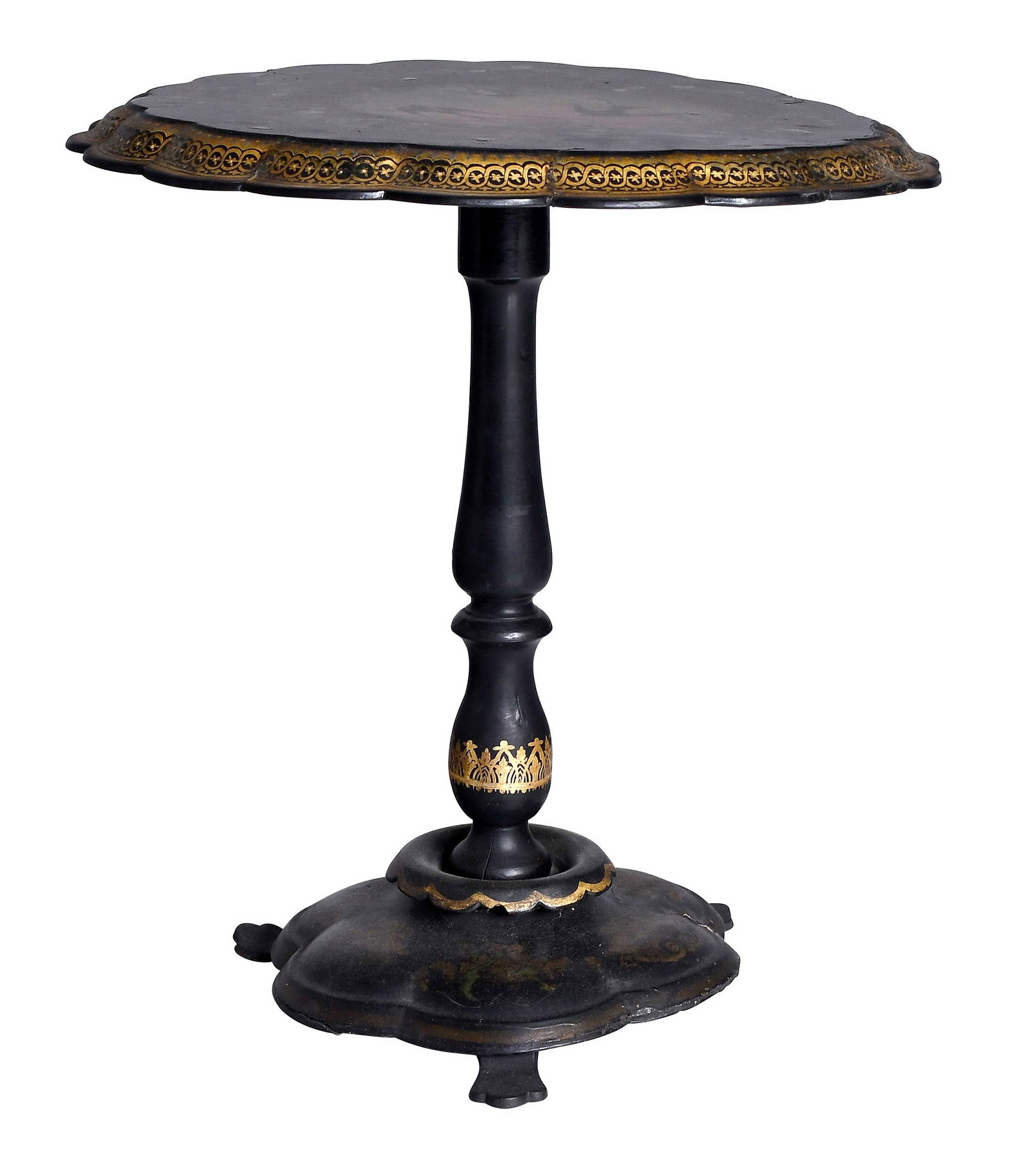 A Fine Victorian Lacquered Painted Inlaid Paper Mache Pedestal Table: English, 19th century, decorated cartouche form top with mother of pearl inlay centering a sunset scene with birds, tilting on a conforming pedestal base, 27 x 25 x 25 in. Provenance: The Collection o