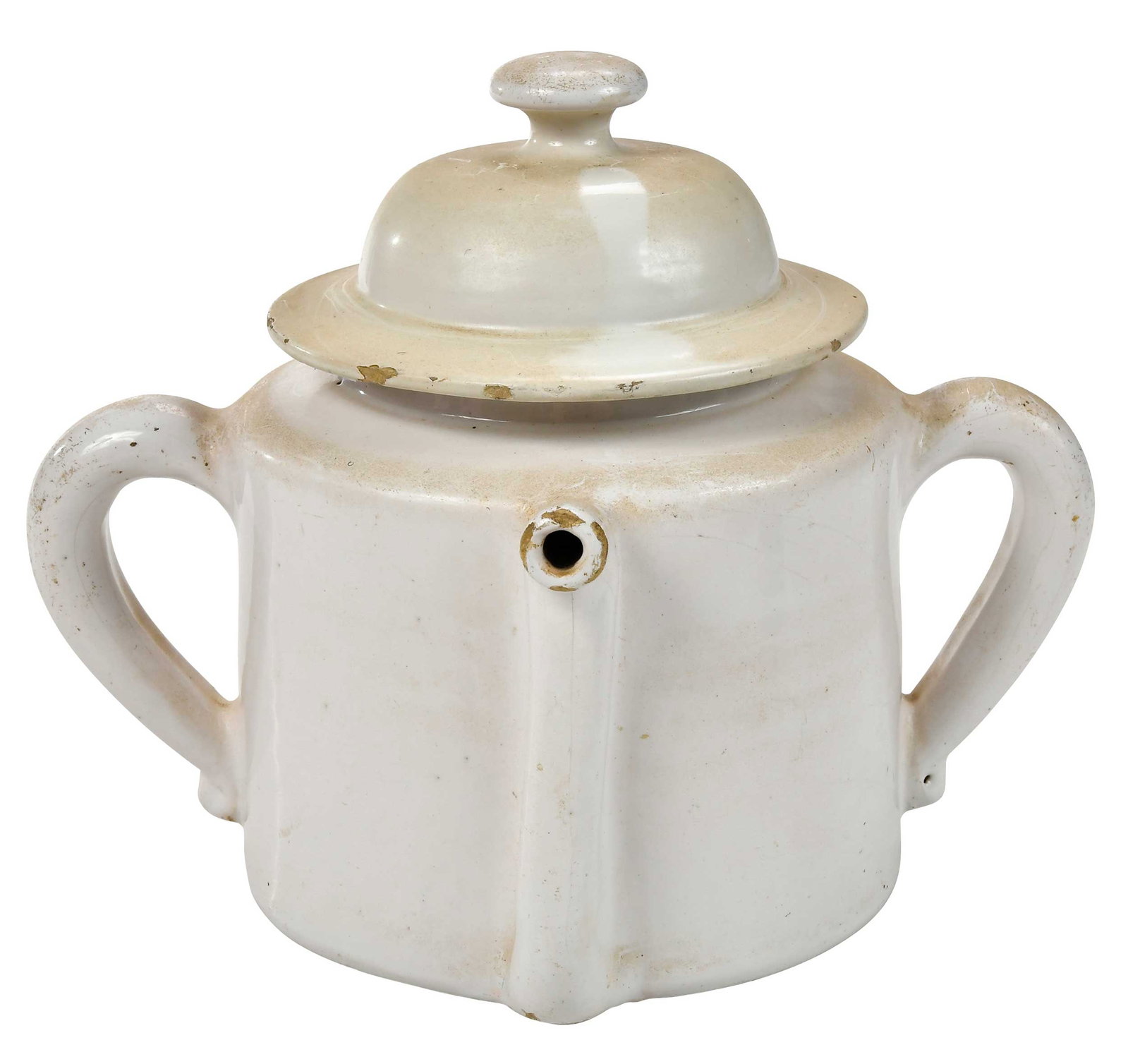 Early White Delft Posset Pot: 17th/18th century, with short spout and two side handles, original dome lid, 8-1/2 x 11-1/2 x 8-1/2 in. Provenance: Mark & Marjorie Allen Antiques, Gilford, New Hampshire (label); Collection of the La