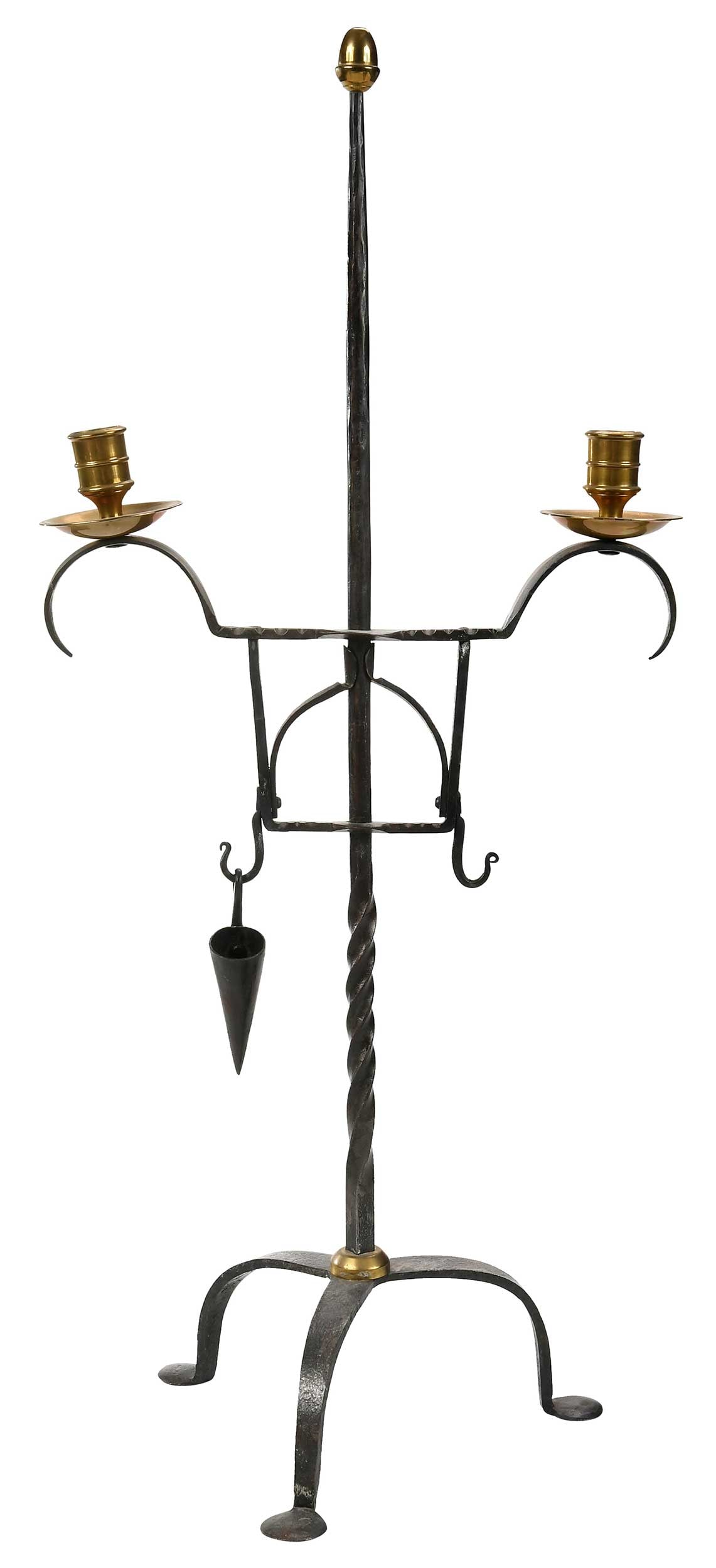 Very Fine Wrought Iron and Brass Double Arm Candlestick: probably American, 18th/19th century, three footed base holding central column with swirled bottom and acorn finial, adjustable central apparatus with two arms and two hooks, 23 x 10-1/4 x 7 in., with