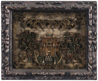 Rare Early British Rolled Paper Quillwork Castle Picture in Shadowbox Framed