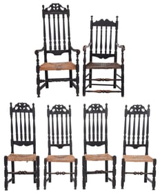 Assembled Set of Six William and Mary Banister Back Rush Seat Dining Chairs