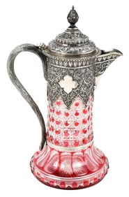English Silver and Cranberry Cut to Clear Jug