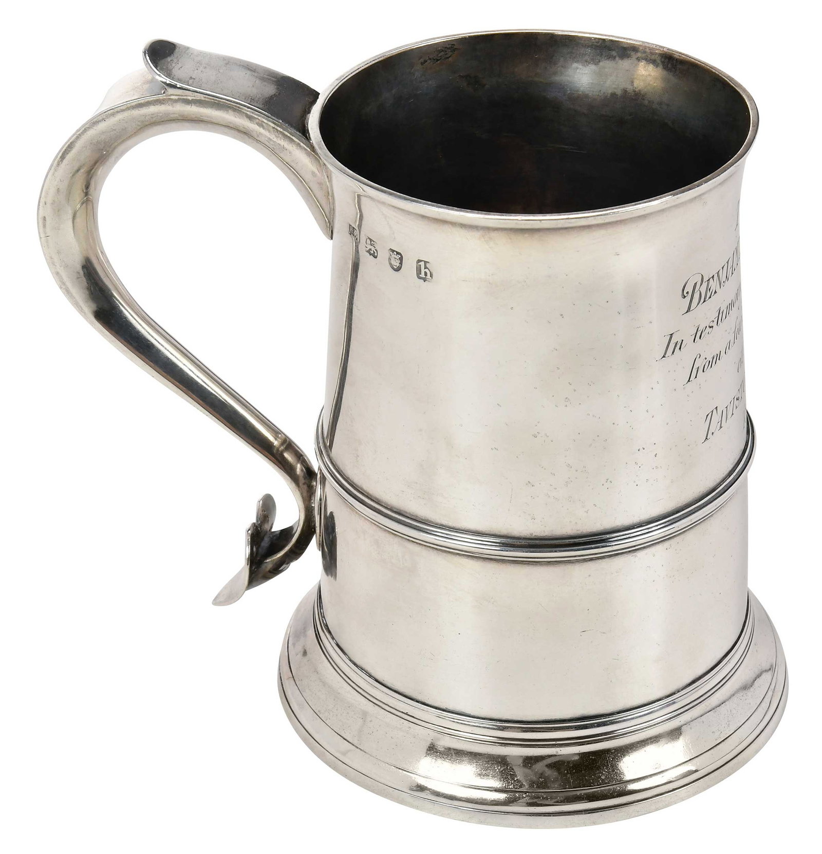 George III English Silver Tankard: London, 1783, tapering sides with banded decoration, scroll handle with heart terminal, later inscription "To/Benjamin Thomas/In testimony of Goodwill/from a few Residents/of the/Tavistock Hotel/1885"