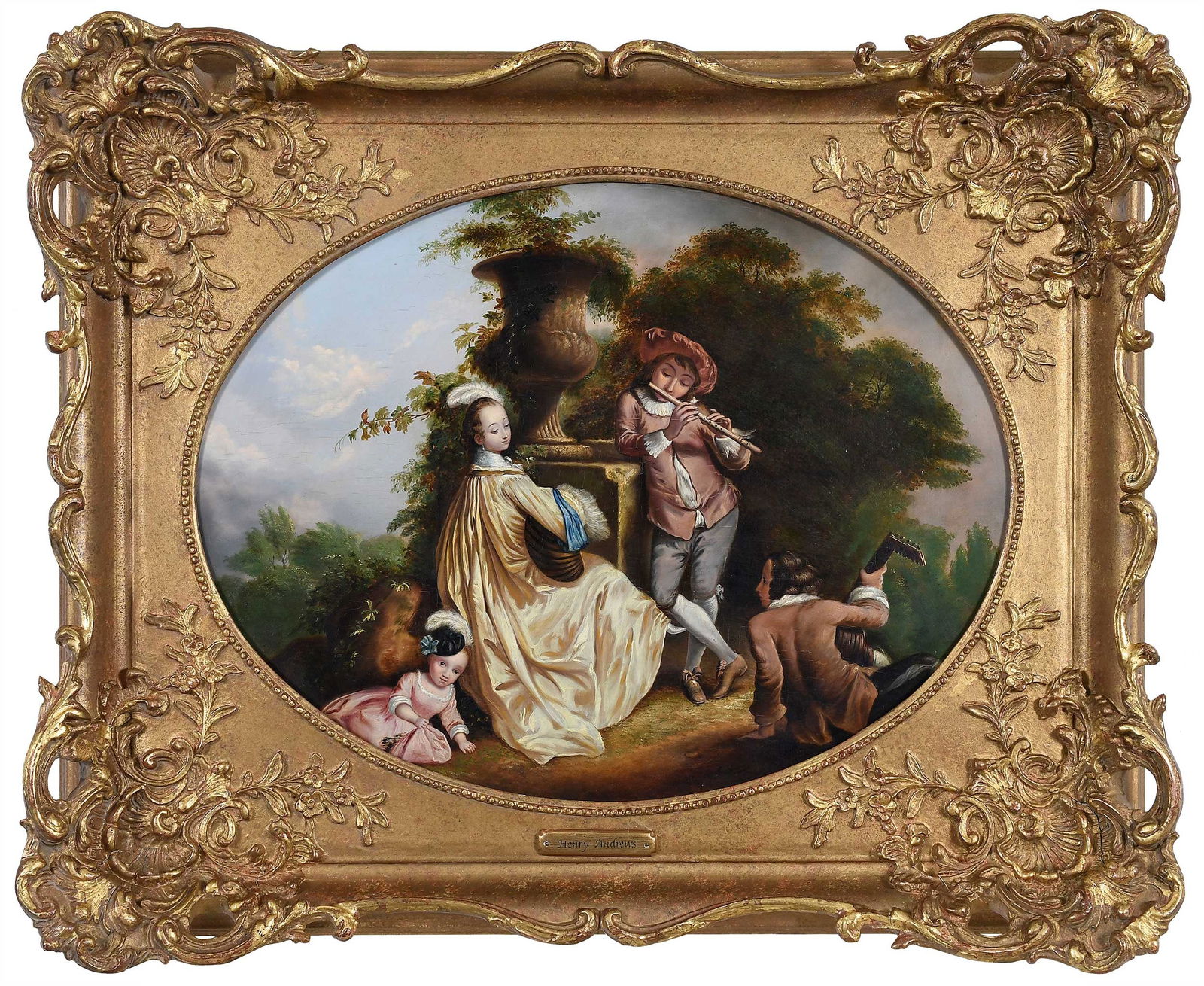 Henry Andrews, Musical Scene: (British, 1794-1868) Musical Party in a Garden, signed lower right "Henry Andrews", oil on panel, 16-3/8 x 21-3/8 in. (39.69 x 52.39 cm.); gilt wood and molded composition frame, 23-1/2 x 28-1/2 x 3-1