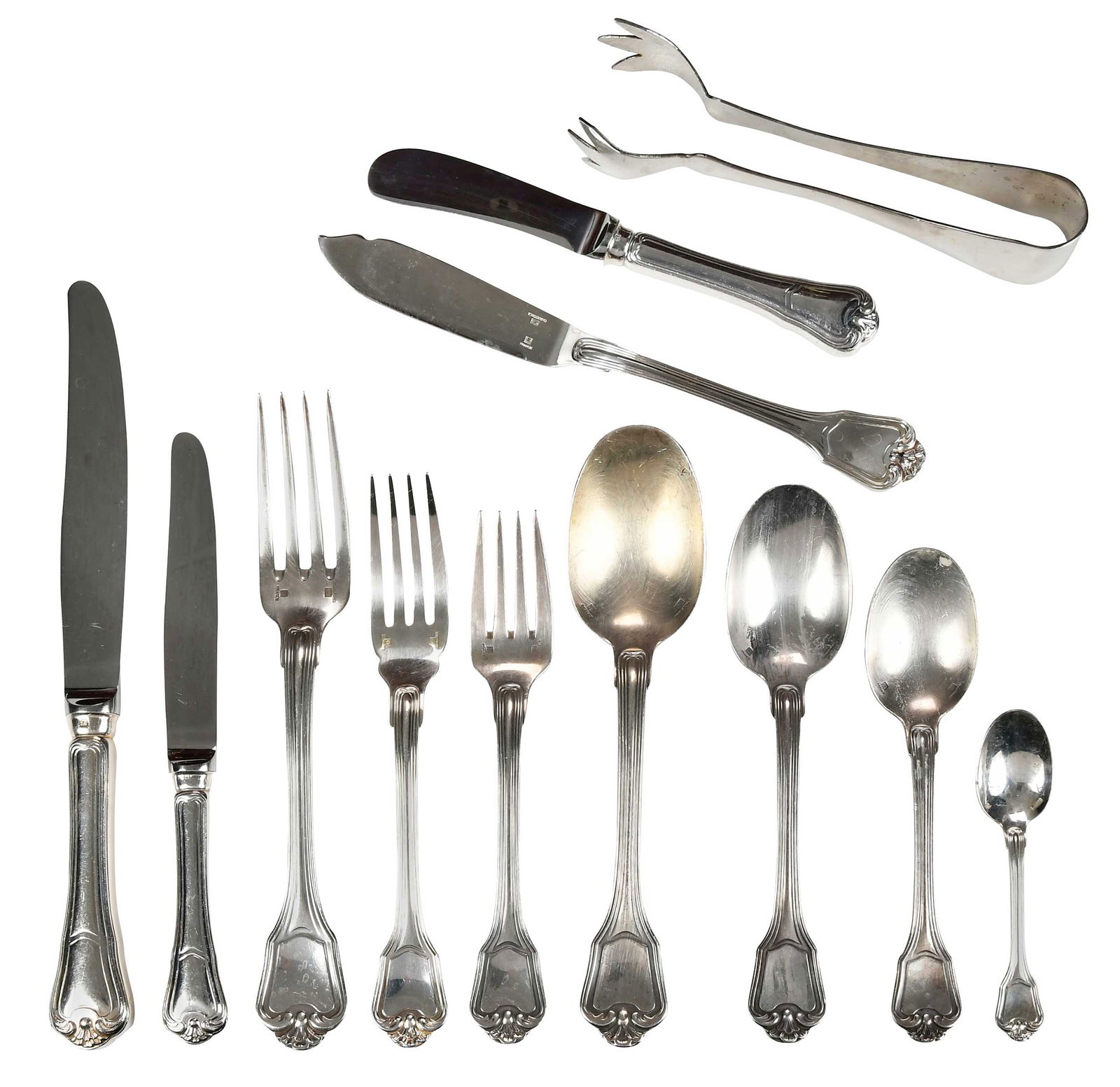 Port Royal Christofle Silver Plate Flatware, 120 Pieces: French, 20th century, including twenty two 9-1/2 in. hollow handle knives; eleven 7-1/4 in. hollow handle knives, sharp blade; ten 7-3/4 in. hollow handle knives; nine 6-3/8 in. hollow handle spreader