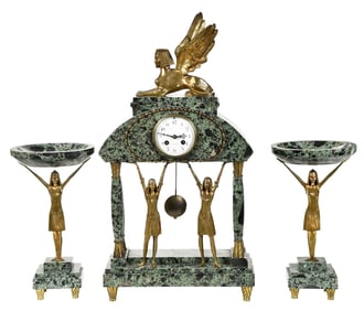 Art Deco Marble and Bronze Clock Garniture