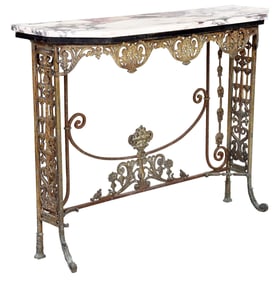 Oscar Bach Attributed Art Deco Brass, Wrought Iron, and Marble Console Table