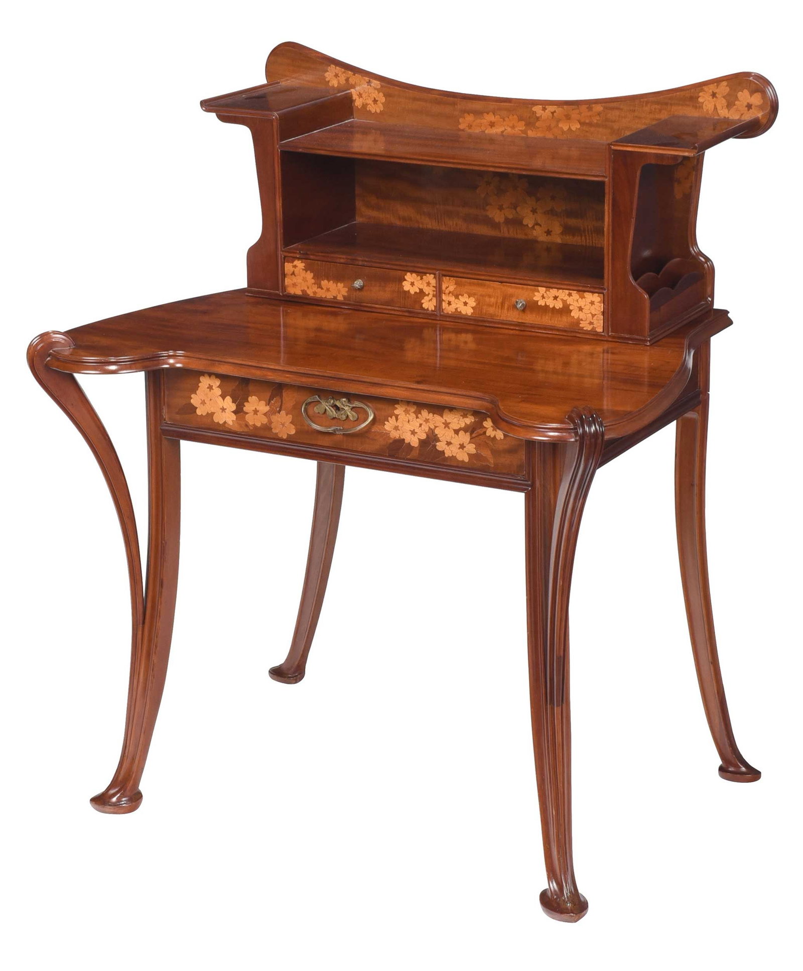 Majorelle French Art Nouveau Marquetry Inlaid Mahogany Desk: circa 1900, attributed to Louis Majorelle, unsigned, figured mahogany with leaf marquetry inlay, three drawers, bronze Art Nouveau pulls, sides of superstructure with letter holders, 43 x 37 1/2 x 26 