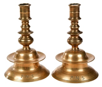 Pair of Initialed Continental Brass Bell Bottom Candlesticks