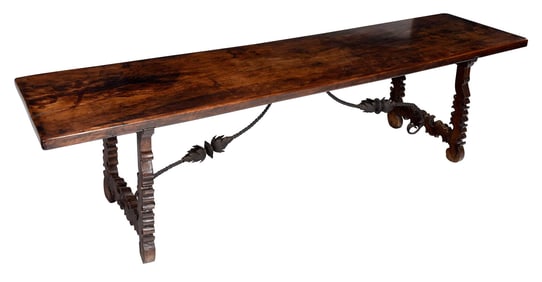 Spanish Baroque Figured Walnut and Wrought Iron Library Table