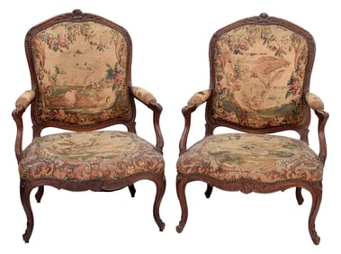 Pair of Louis XV Carved and Tapestry Upholstered Open Armchairs