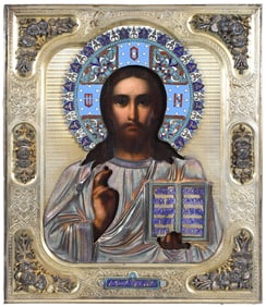 Russian Icon, Russian Silver and Enamel Oklad