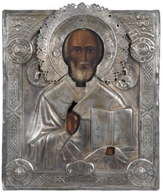 Russian Icon with Silver Plate Oklad