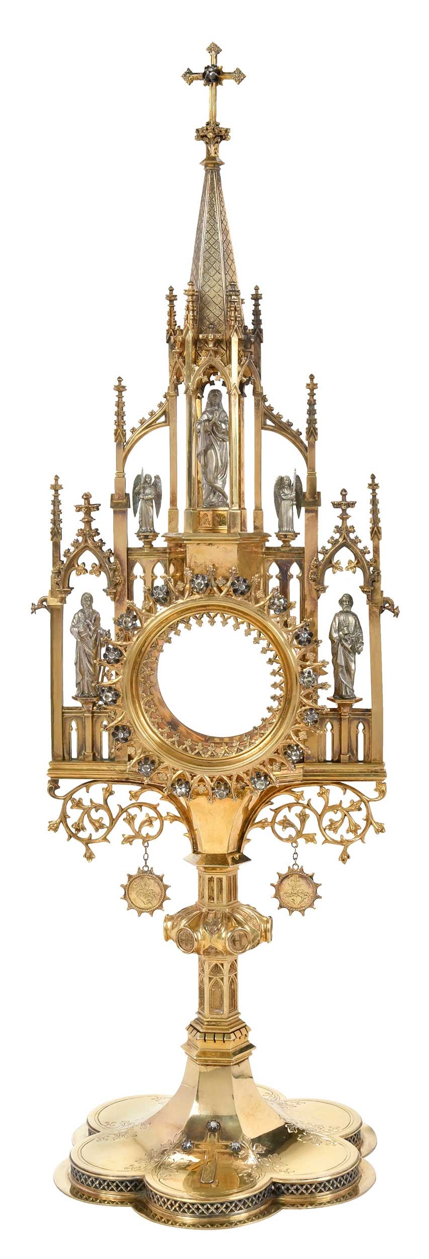 Fine Gothic Style German Gilt Silver Monstrance: late 19th/early 20th century, gilt silver, Gothic cathedral form with ungilded figural saints, empty glass compartment for relic, applied rough diamond and quartz stones, marks on base for Germany, .8