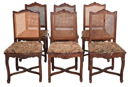 Assembled Set of Six Provincial French Carved and Caned Dining Chairs