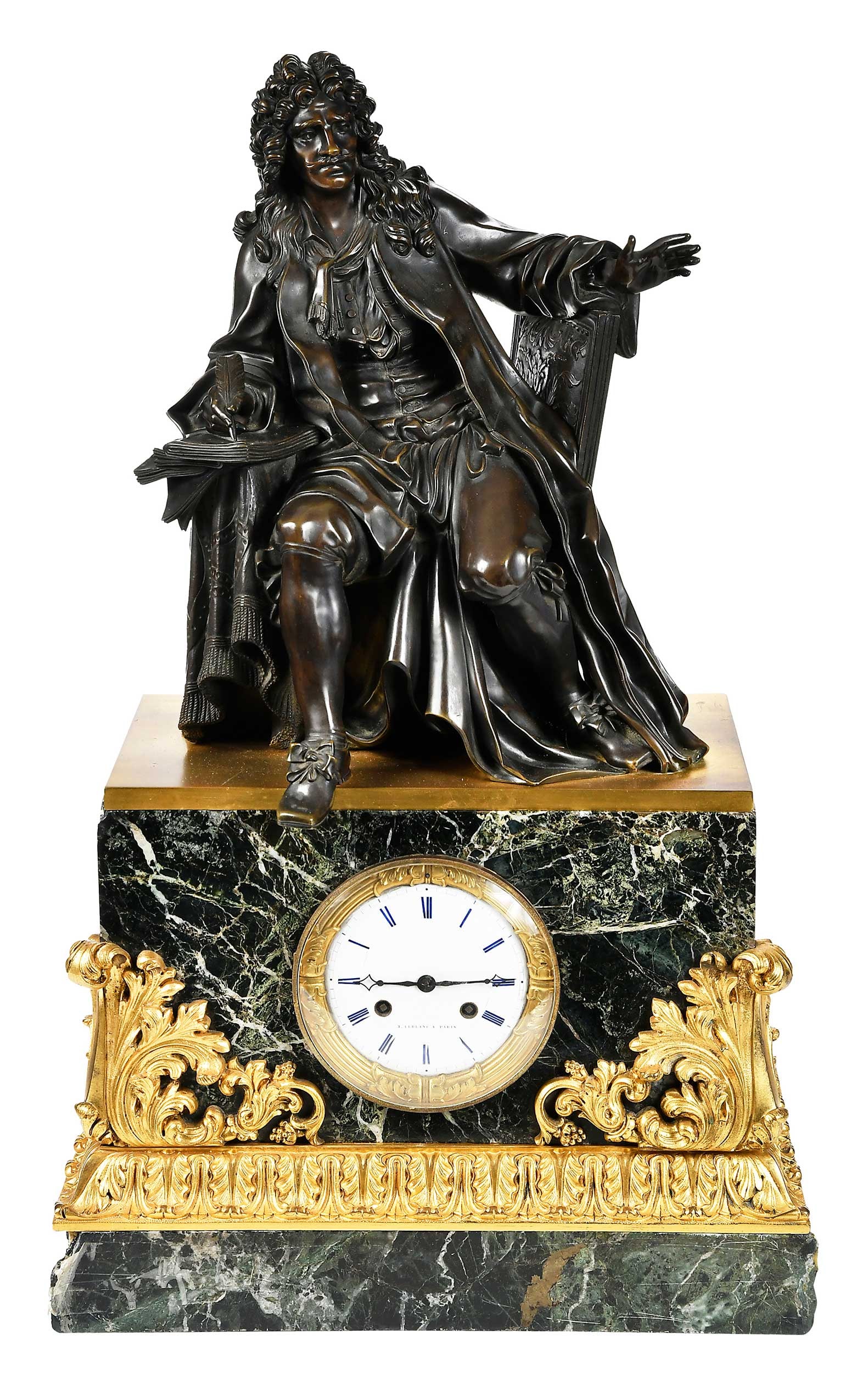 French Gilt Bronze and Marble Mantel Clock: 19th century, faience dial with Roman numerals and lettering "T. Leblance a Paris", set in variegated green and black marble socle with gilt scrollwork mounts, surmounted by a patinated bronze figure 