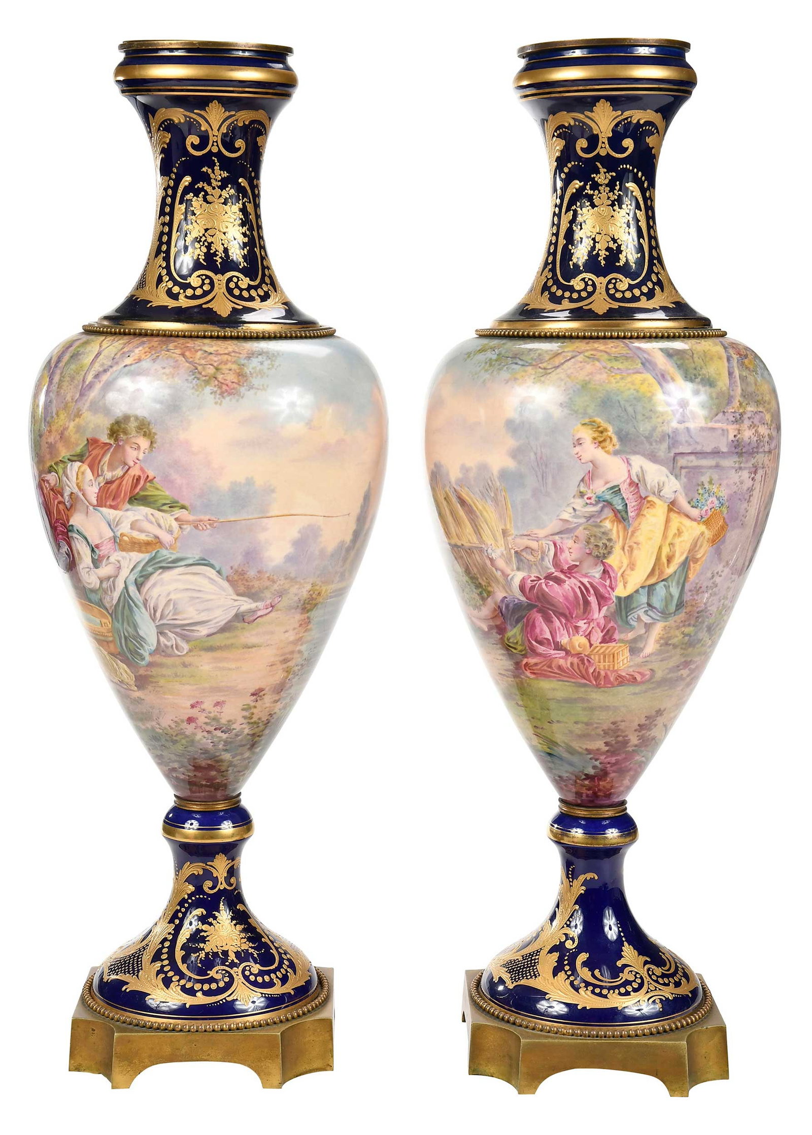 Pair of Sevres Style Porcelain Vases: French, 19th century, cobalt ground with raised gilt foliate decoration, urn bodies with painted fishing and birding scenes signed "Daly", mounted on bronze bases, 24-1/2 x 9 in. diameter Provenance: 