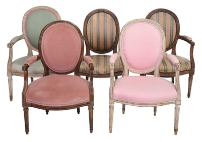 Assembled Set of Five Louis XVI  Upholstered Open Armchairs