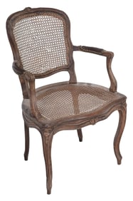 Louis XV Carved, Caned, and Leather Upholstered Armchair
