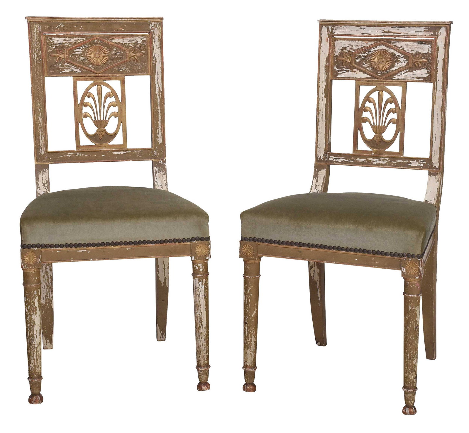 Pair Empire Carved and Gilt Upholstered Side Chairs: French 19th century, each with anthemion and rosette carved back, velvet upholstered seats with brass tacking, 16 x 18 x 34-5/8 in. Provenance: Collection from a French family Chateau, by descent in f