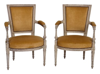 Pair Of Directoire Carved and Painted Walnut Armchairs