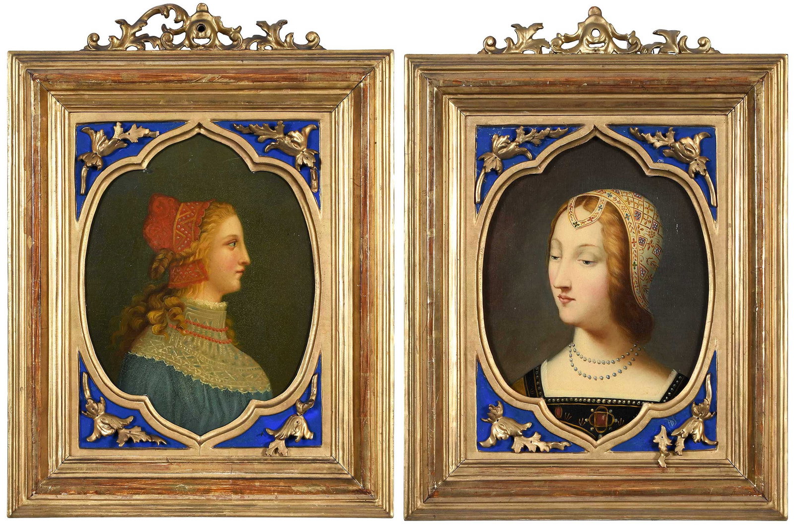 Two Italian School Grand Tour Portraits, Fine Frames: (Italian, late 19th/20th century) Portrait of Beatrice Portinari, inscribed verso "Beatrice di Dante", with Florentine retailer's stamp, oil on paperboard, oval 10 x 8 in. (25.4 x 20.32 cm.); Portrait