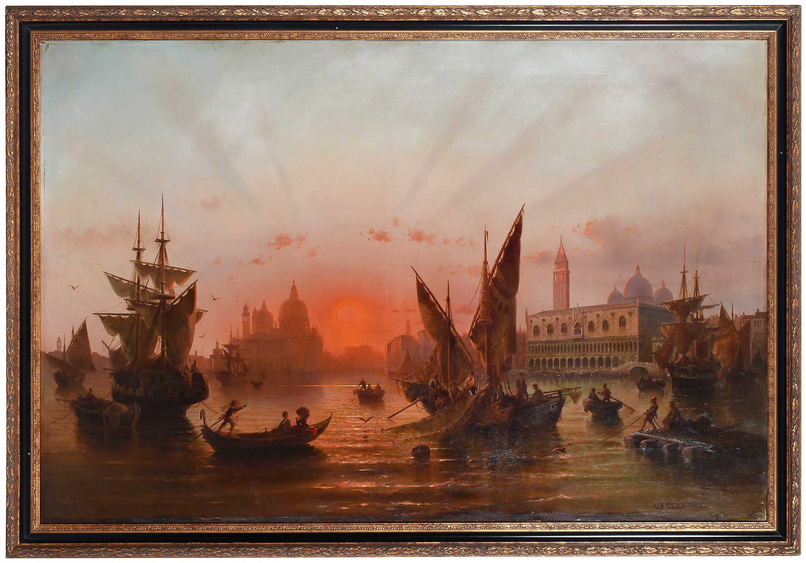 Albert Rieger, Venice: (Austrian, 1834-1905) Sunset, Venice, signed "Alb. Reiger pinx.", oil on canvas, 41-5/8 x 62-3/8 in. (102.55 x 80.33 cm.); parcel gilt wood and composition frame, 47-1/8 x 67-3/4 x 2-1/2 in. Provenanc