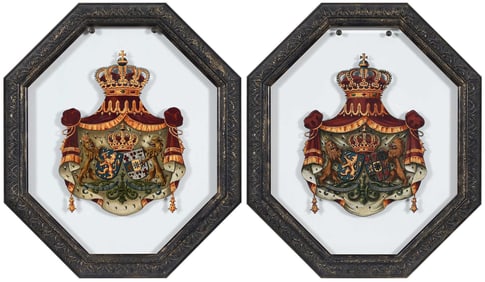 Two Framed Etched and Painted Glass Armorial Plaques