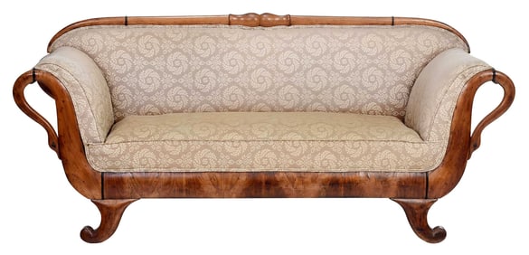 Biedermeier Fruitwood and Sawn Figural Upholstered Sofa