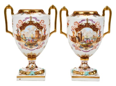 Pair of Meissen Augustus Rex Chinoiserie Porcelain Urns