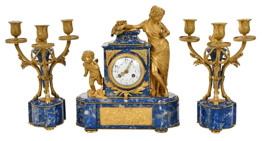 Fine French Louis XVI Style Lapis Lazuli and Gilt Bronze Clock Garniture