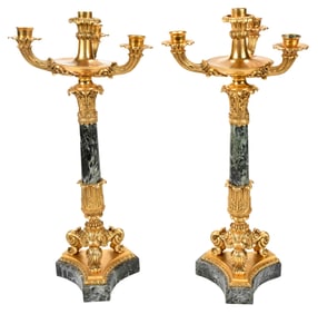 Pair French Empire Gilt Bronze and Green Marble Four Light Candelabra
