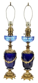 Pair Gilt Bronze Mounted Cobalt Porcelain and Glass Oil Lamps