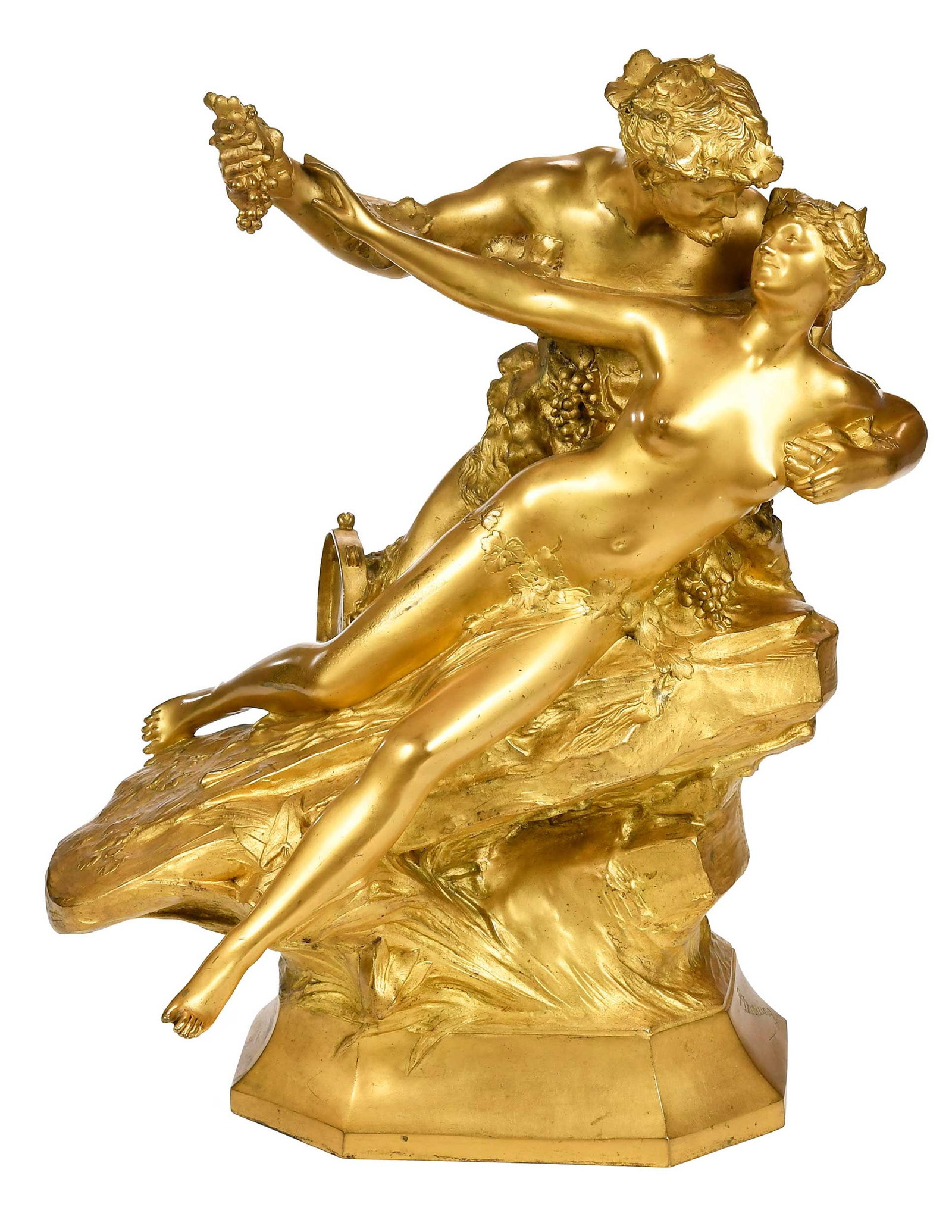 Paul Ducuing, Nymphe et Satyre: (French, 1868-1949) A bacchanalian figural group, signed in base "P. Ducuing", "F. Barbedienne, Fondeur." foundry mark, gilt bronze, 22 x 17-3/4 x 14 in., (55.89 x 45.08 x 35.56 cm.) Provenance: Priva