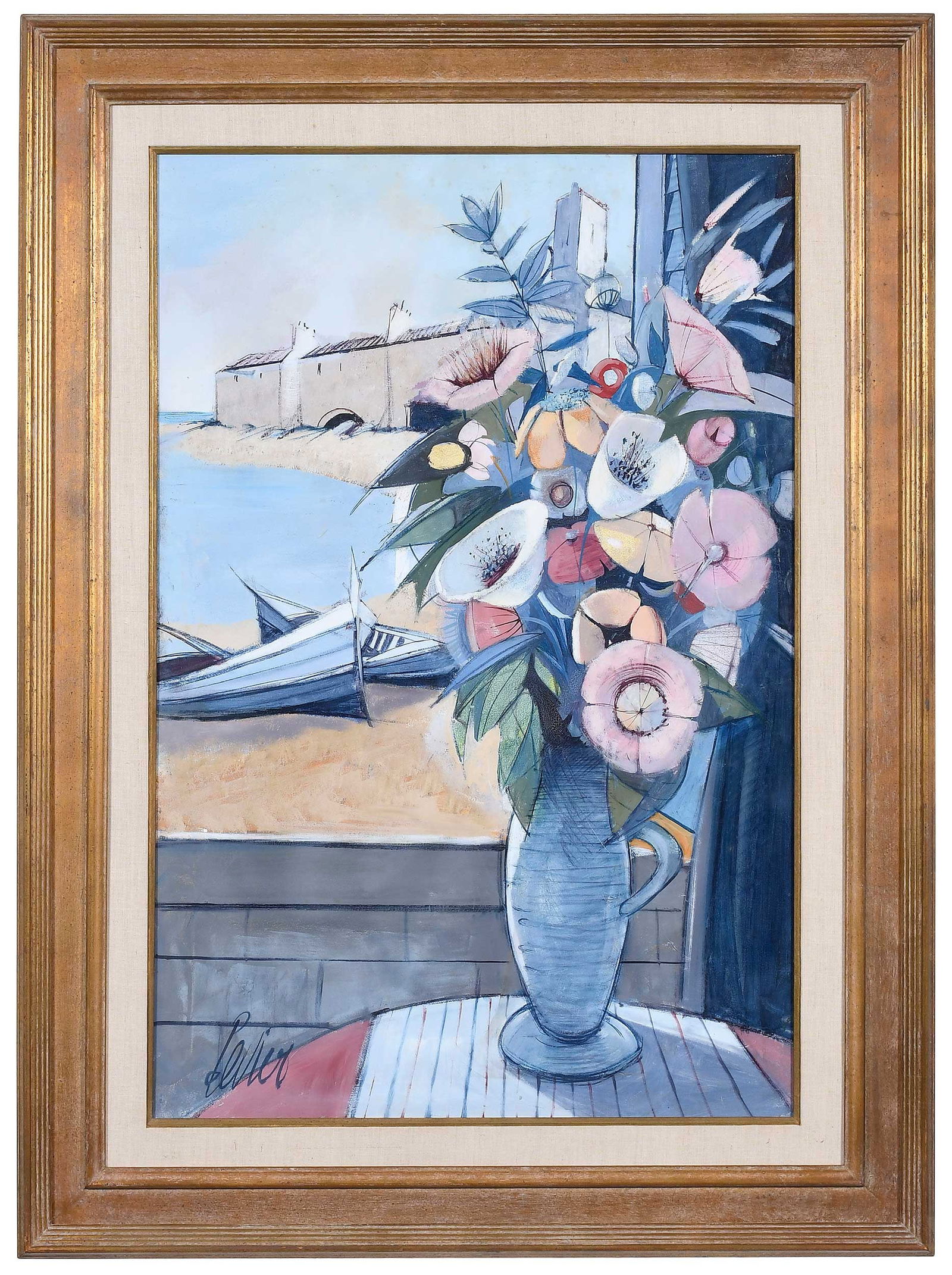 Charles Levier, Flowers by the Sea: (French, 1920-2003)Fleurs aux la mer, signed lower left "Levier" and signed "Ch. Levier" and titled verso canvas, oil on canvas, 36 x 24 in. (91.44 x 60.96 cm.); original gilt wood frame, 45-1/2 x 33-