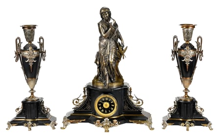 Continental Silvered and Gilt Bronze Mounted Clock Garniture